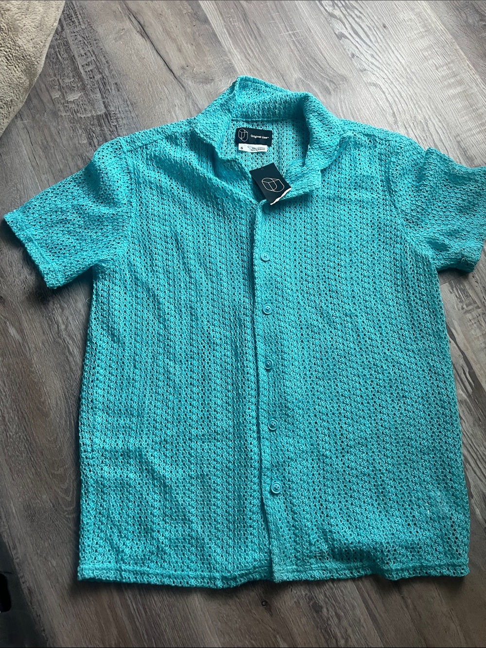 Original Use Men's Short-Sleeve Button-Down Shirt - Teal see through beach shirt